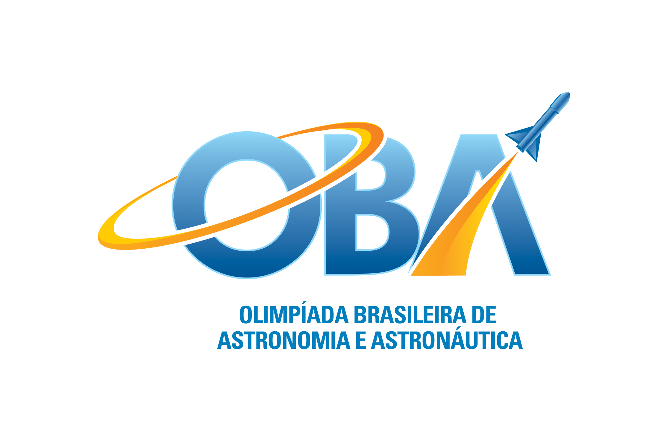 Logo traz a frase Olimpíada Brasileira de Astronomia e Astronáutica - OBA escrita em azul claro. Em volta do O tem um círculo como uma anel dos planetas e da letra A projeta-se um foguete.